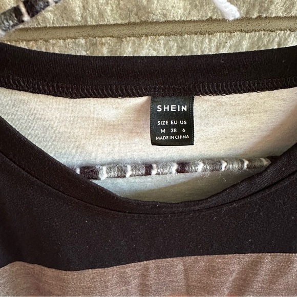 SHEIN Orange Blue Brown Green Black Colorblock Striped Tee Button Detail Sz M - Picture 5 of 6